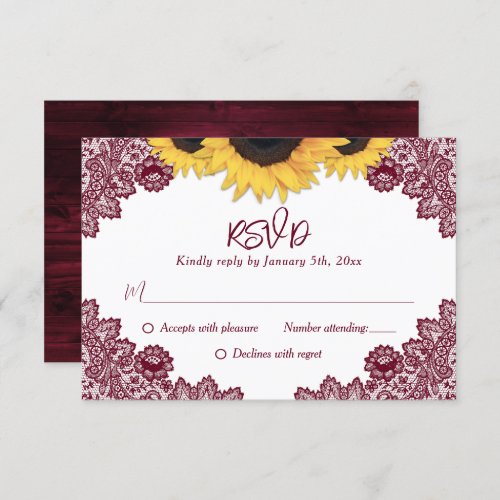 Burgundy Rustic Wood Lace Sunflower Wedding RSVP Card