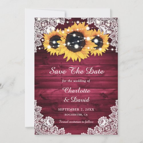 Burgundy Rustic Wood Lace Sunflower Wedding Save The Date