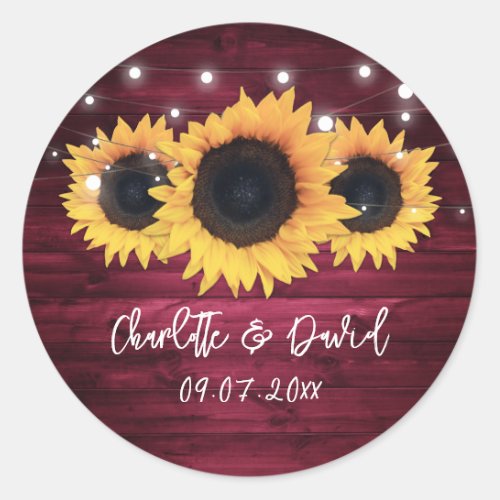 Burgundy Rustic Wood Lights Sunflower Wedding Classic Round Sticker