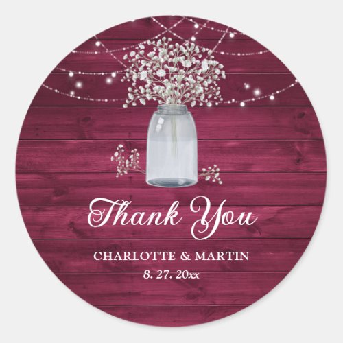 Burgundy Rustic Wood Mason Jar Floral Thank You Classic Round Sticker