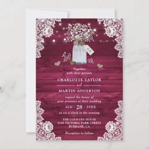 Burgundy Rustic Wood Mason Jar Floral Wedding Invitation