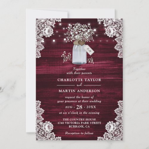 Burgundy Rustic Wood Mason Jar Floral Wedding Invitation