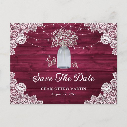 Burgundy Rustic Wood Mason Jar Save The Date Announcement Postcard