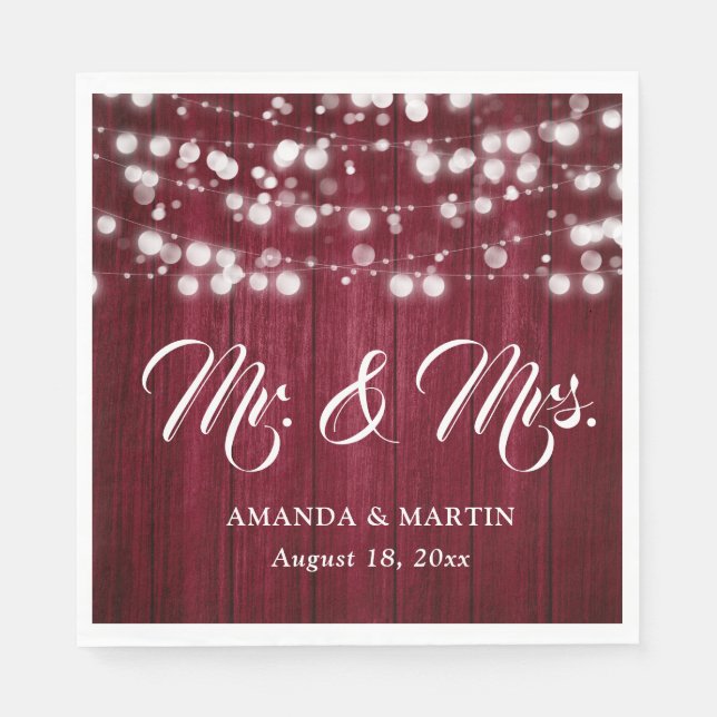 Burgundy Rustic Wood String Lights Mr and Mrs Napkins (Front)