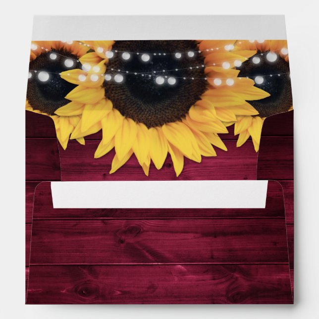 Burgundy Rustic Wood String Lights Sunflowers Envelope (Back (Bottom))