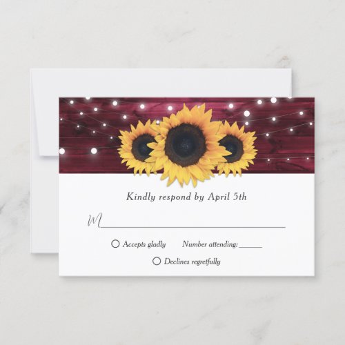 Burgundy Rustic Wood Sunflower Wedding RSVP Card