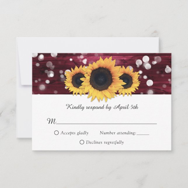 Burgundy Rustic Wood Sunflower Wedding RSVP Card (Front)