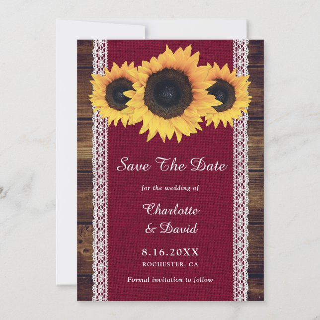 Burgundy Rustic Wood Sunflower Wedding Save The Date (Front)