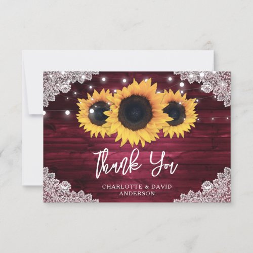 Burgundy Rustic Wood Sunflower Wedding Thank You Card