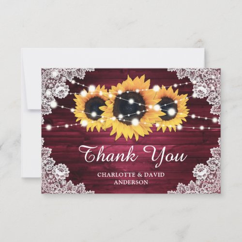 Burgundy Rustic Wood Sunflower Wedding Thank You Card