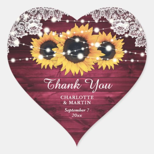 Burgundy Rustic Wood Sunflower Wedding Thank You Heart Sticker