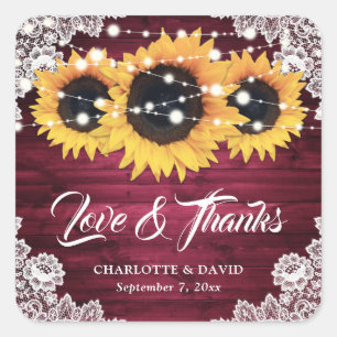 Burgundy Rustic Wood Sunflower Wedding Thank You Square Sticker