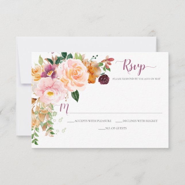 Burgundy Saffron Blush Mauve Rustic Corner Bouquet RSVP Card (Front)