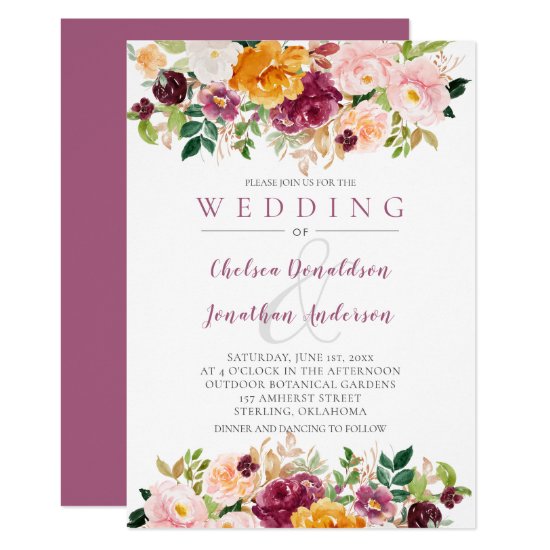 Burgundy, Saffron, Mauve Watercolor Blooms Wedding Invitation