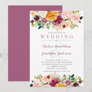 Burgundy, Saffron, Mauve Watercolor Blooms Wedding Invitation