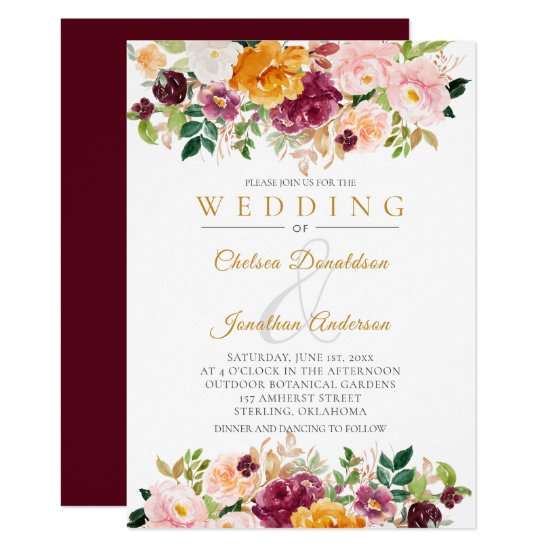 Burgundy, Saffron, Pink Watercolor Blooms Wedding Invitation