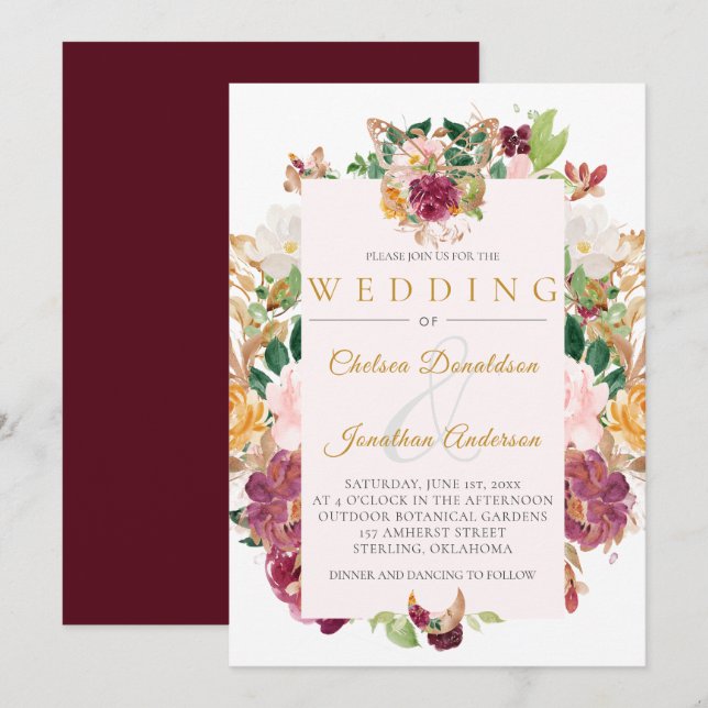 Burgundy, Saffron, Pink Watercolor Floral Frame Invitation (Front/Back)