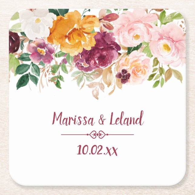 Burgundy Saffron Yellow Peonies Roses Wedding Square Paper Coaster (Front)