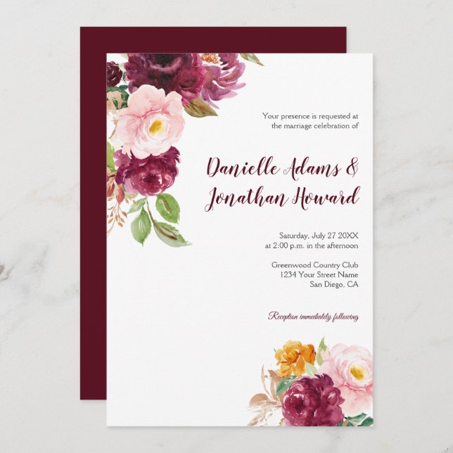 Burgundy Saffron Yellow Pink Rustic Wedding | Invitation (Front/Back)