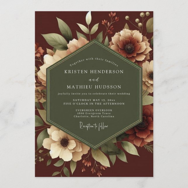 Burgundy Sage Baroque Wedding Invitation (Front)