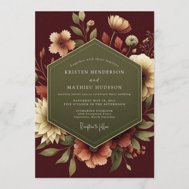 Burgundy Sage Botanical Wedding Invitation (Front)