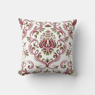 Burgundy Sage Green Damask Floral Pattern Elegant  Throw Pillow