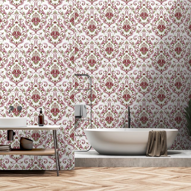 Burgundy Sage Green Damask Floral peel and stick Wallpaper (Bathroom)