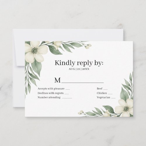 Burgundy Sage Greenery White Floral Wedding RSVP  Card
