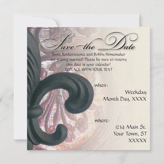 burgundy/sand "iron fleur de lis" SAVE THE DATE (Front)