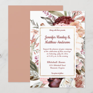 Burgundy Sandy Peach Dusty Rose Floral Wedding Invitation