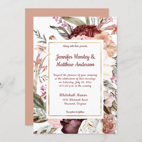 Burgundy Sandy Peach Dusty Rose Floral Wedding Invitation