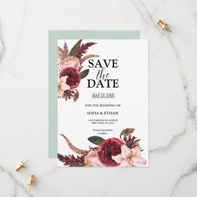 Burgundy Sangria Wedding Save the Dates Date (Front/Back In Situ)