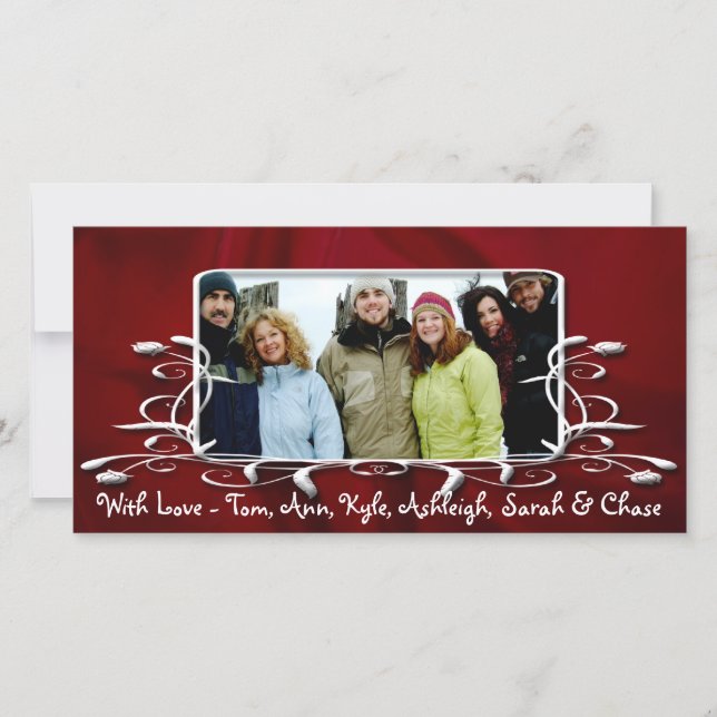 Burgundy Satin Antique Frame Holiday Family Photo Card (Front)
