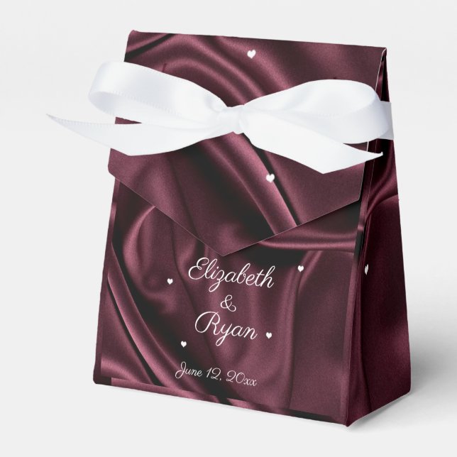 Burgundy Satin White Hearts Personalized Favor Boxes (Front Side)