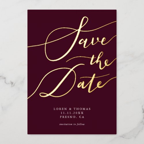 Burgundy Save The Date Calligraphy Foil Invitation