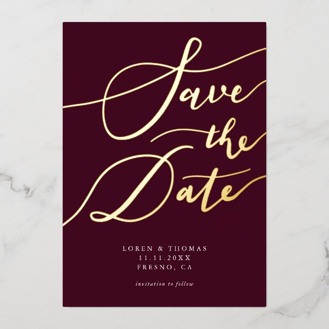 Burgundy Save The Date Calligraphy Foil Invitation (Front)