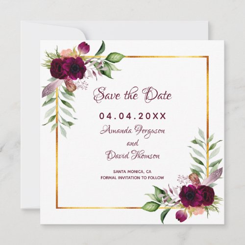 Burgundy Save the date wedding bohemian florals