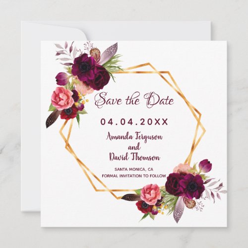 Burgundy Save the date wedding geometric florals