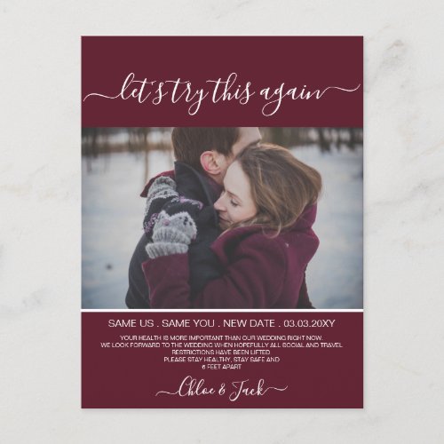 Burgundy Save The New Date Plan Change Photo Announcement Postcard