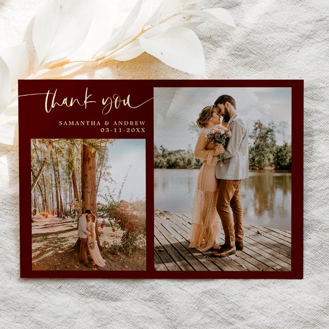 Burgundy script 5 photos thank you wedding foil invitation (Creator Uploaded)