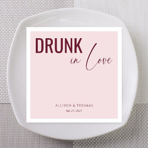Burgundy Script Drunk in Love Custom Names Napkins