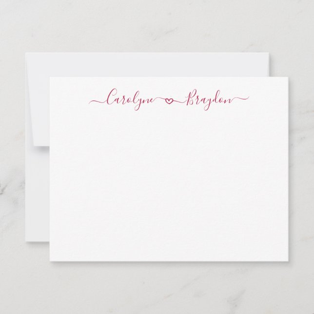 Burgundy Script Heart Couple Name Wedding Newlywed Note Card (Front)