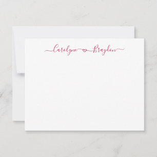 Burgundy Script Heart Couple Name Wedding Newlywed Note Card