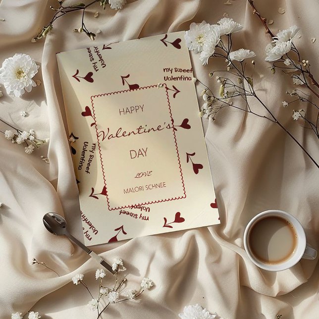 Burgundy Script Hearts on Cream– Valentine Pattern Holiday Card (Creator Uploaded)