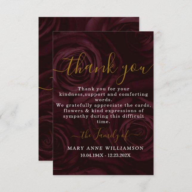 Burgundy Script Minimal Funeral Thank You Card (Front/Back)