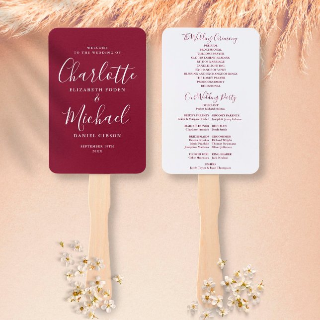 Burgundy Script Names Wedding Program Hand Fan (Creator Uploaded)