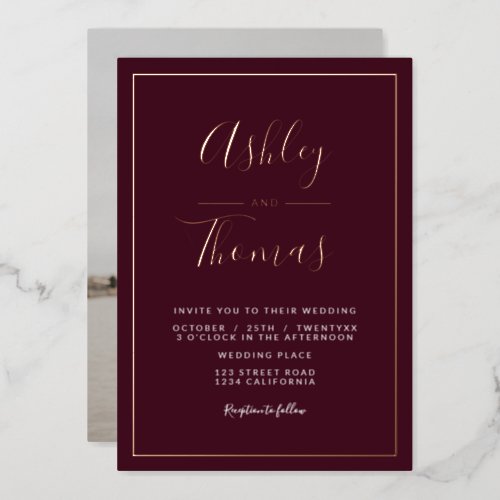 Burgundy script photo wedding geometric frame foil invitation