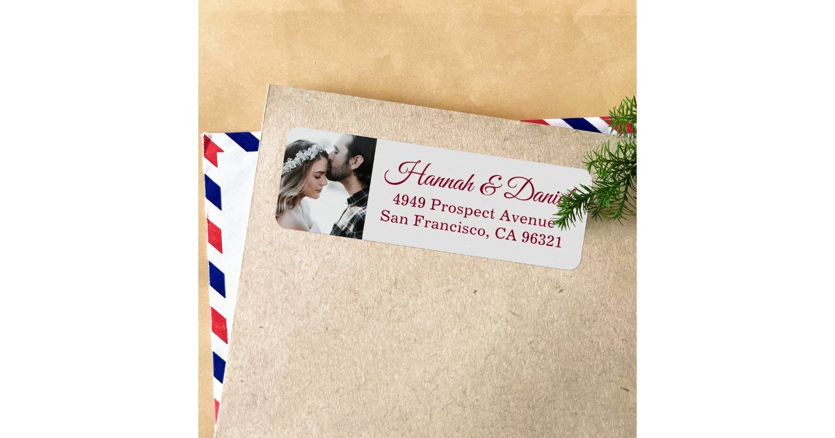 Burgundy Script Photo Wedding Return Address Label | Zazzle