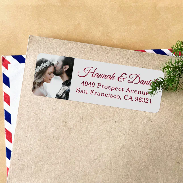 Burgundy Script Photo Wedding Return Address Label | Zazzle