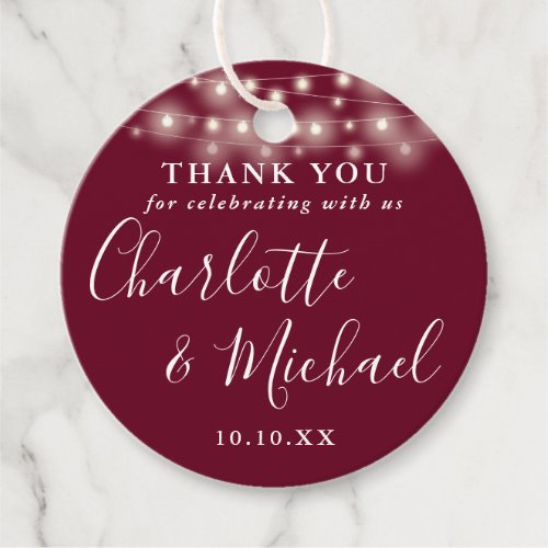 Burgundy Script String Lights Thank You Favor Tags